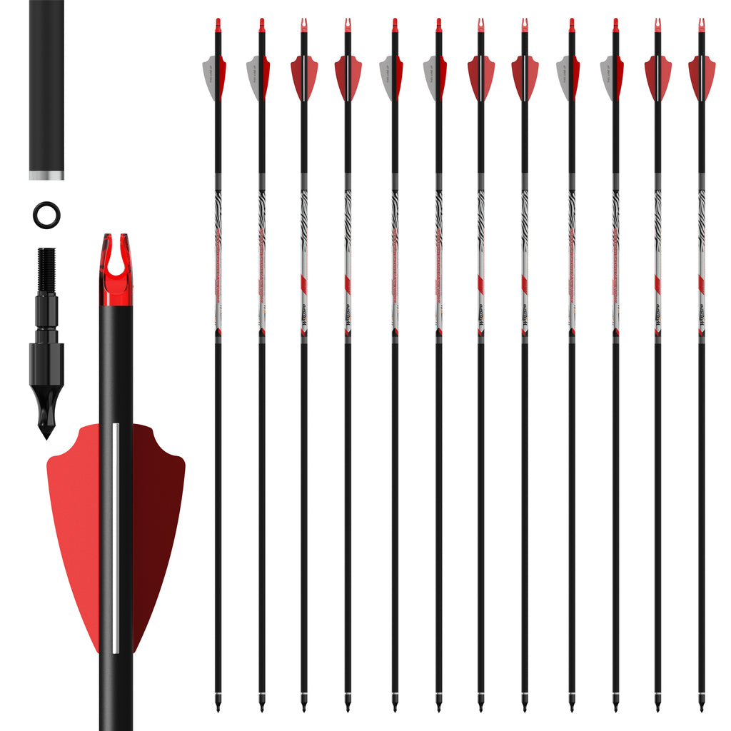 32" Pure Carbon Arrows Archery Practice Hunting Arrows with Shaft 400 350 300 Spine with Removable Tips for Compound & Recurve Bow and Longbow (Pack of 12)