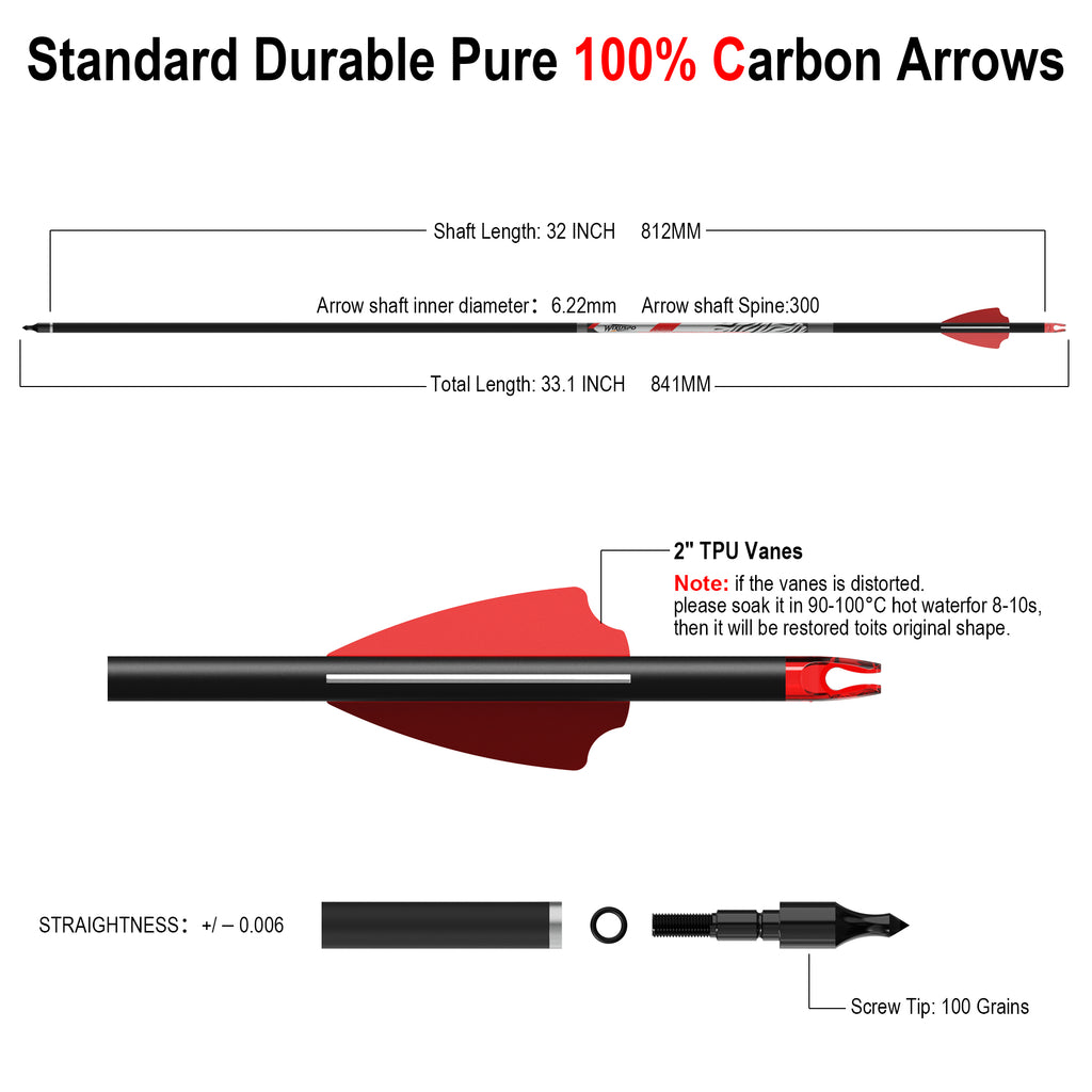 32" Pure Carbon Arrows Archery Practice Hunting Arrows with Shaft 400 350 300 Spine with Removable Tips for Compound & Recurve Bow and Longbow (Pack of 12)