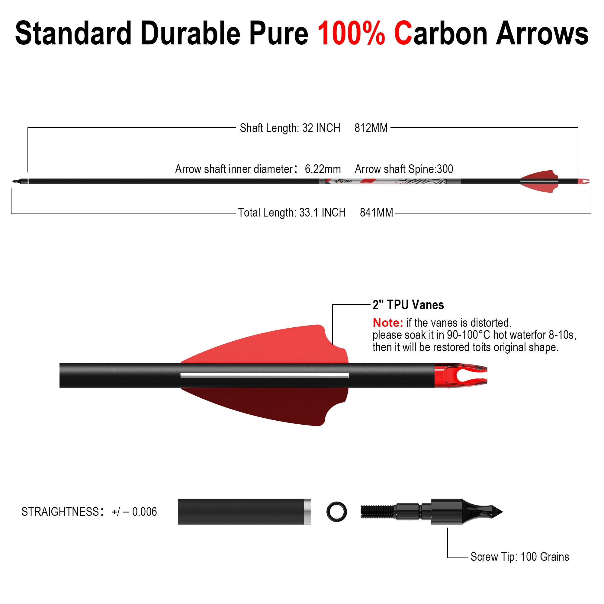 32" Pure Carbon Arrows Archery Practice Hunting Arrows with Shaft 400 350 300 Spine with Removable Tips for Compound & Recurve Bow and Longbow (Pack of 12)
